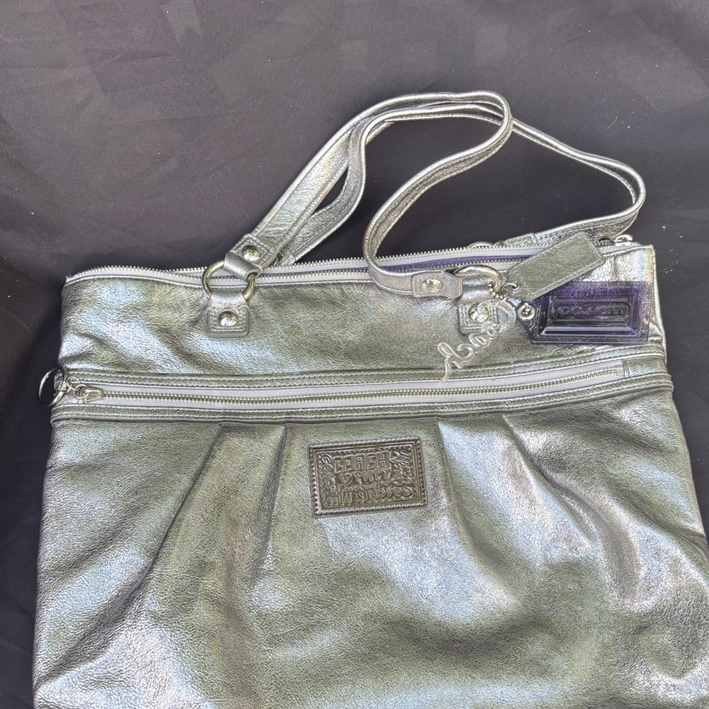 Coach Metallic Silver Shoulder Tote with Double Straps